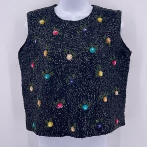 Vintage 60s Alexanders Sz 40 L Black Sequin Blouse Sleeveless Flowers Beaded VTG